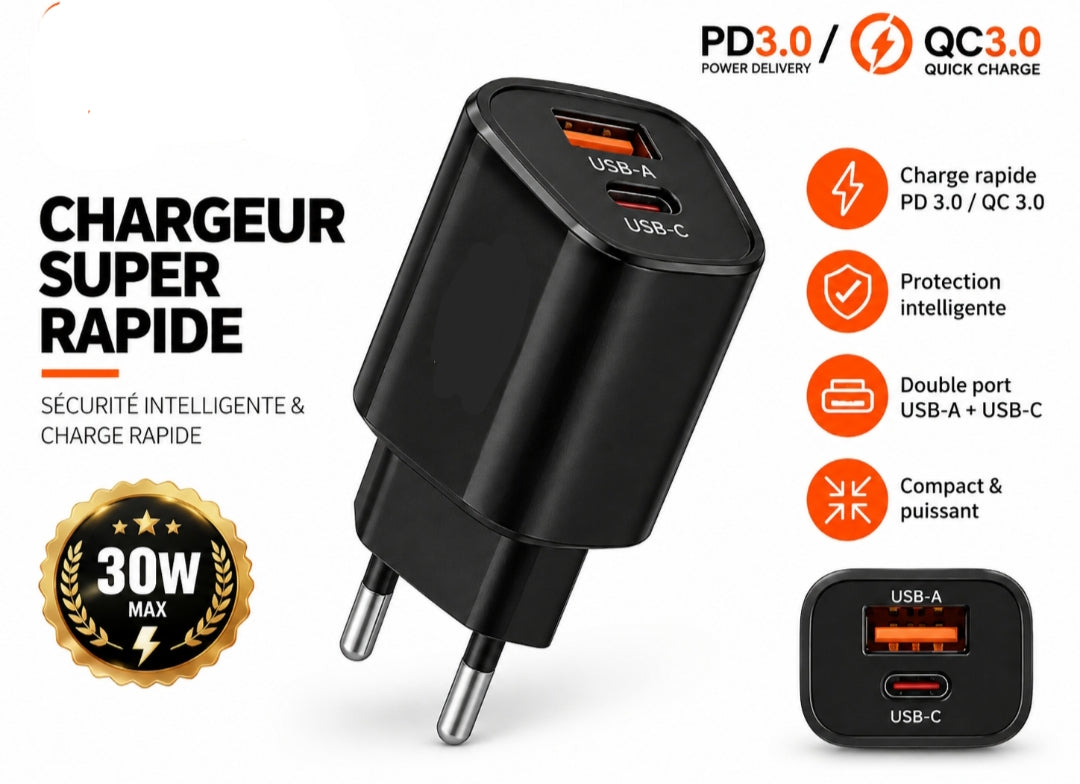 Chargeur secteur USB-A + USB-C – Charge rapide 30W