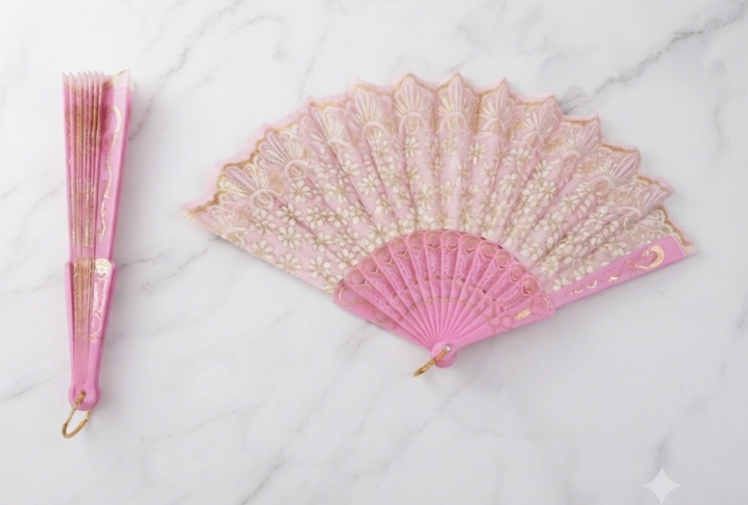 Éventail pliant rose et doré – Décoration florale, style élégant / Accessoire mode