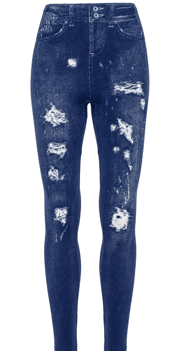 legging femme bleu effet jean délavé imprimé #0198#