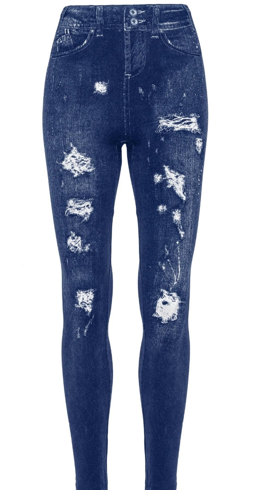 legging femme bleu effet jean délavé imprimé #0198#