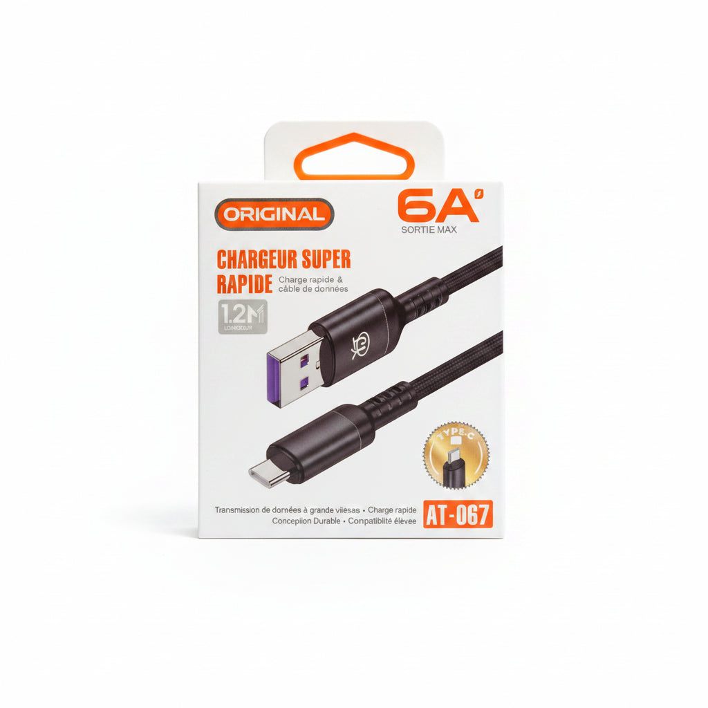 Câble Chargeur Super Rapide ORIGINAL Type-C vers USB-A 6A - 1.2M - Neuf - AT-067