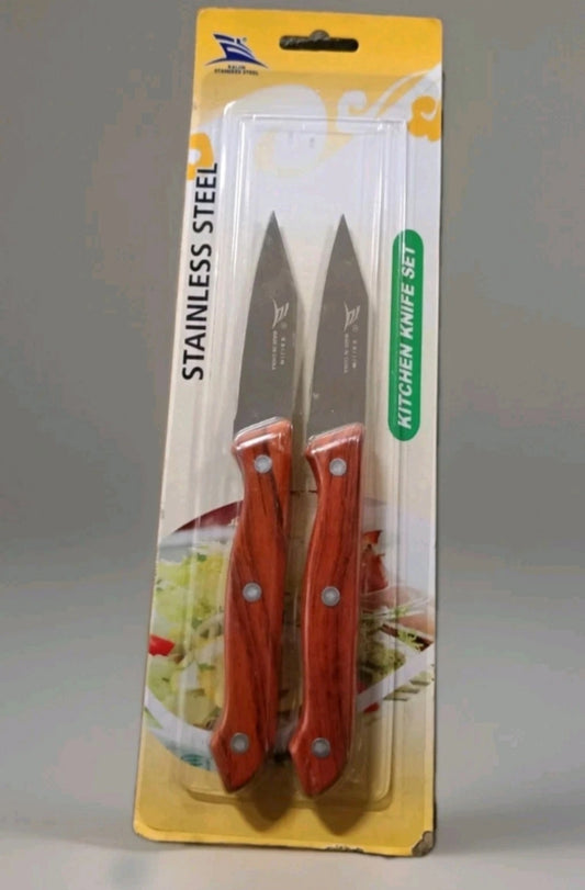 Lot de 2 couteaux d'office en acier inoxydable – Manche imitation bois – Cuisine