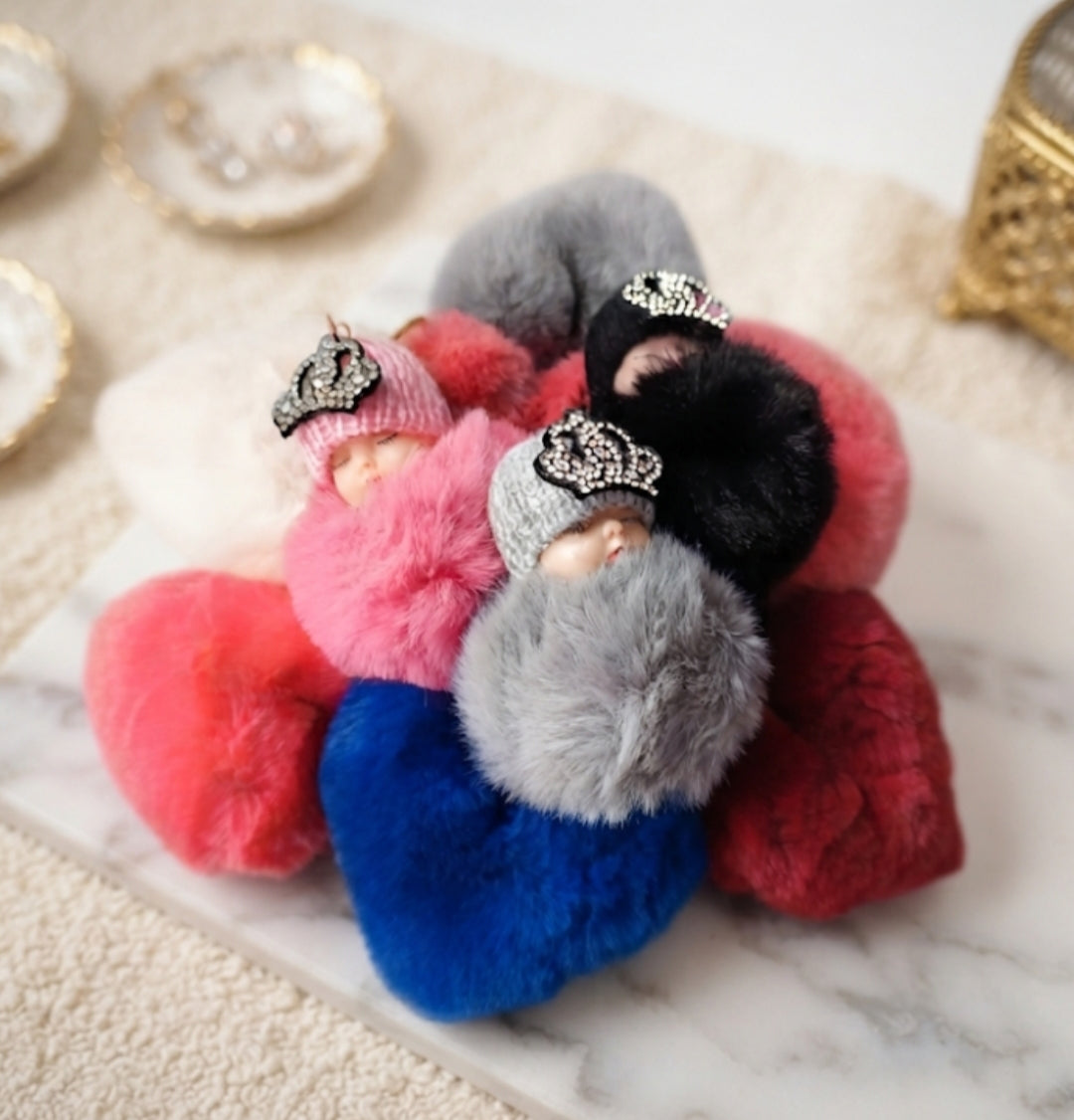 Porte-clés en fausse fourrure doux –coeur- Pompon peluche – Plusieurs couleurs