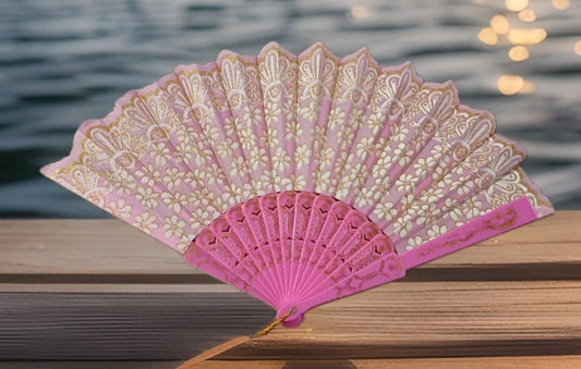 Éventail pliant rose et doré – Décoration florale, style élégant / Accessoire mode